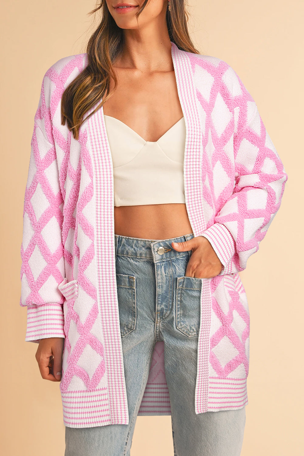 Pink Rhombus Pattern Knit Open Front Pocketed Cardigans