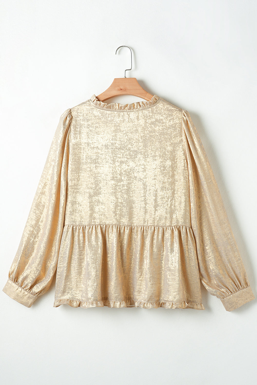 Gold Metallic Frilled V Neck Puff Sleeve Babydoll Blouse