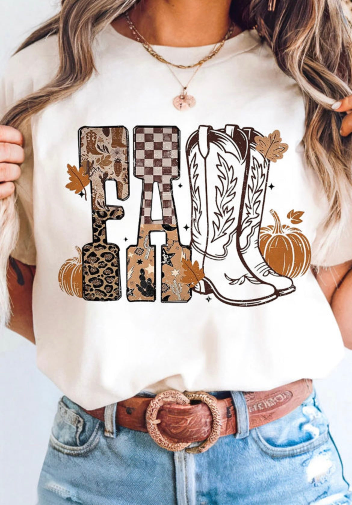 White FALL Letter Print Western Thanksgiving Graphic T-shirt