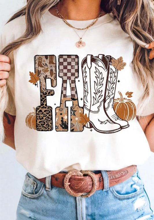 White FALL Letter Print Western Thanksgiving Graphic T-shirt