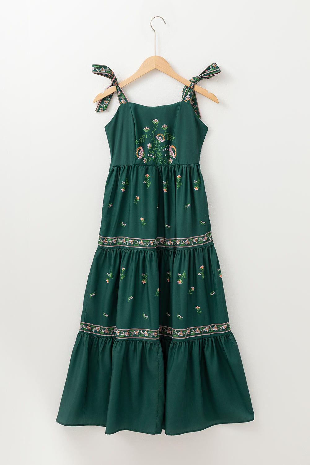 Blackish Green Floral Smocked Back Tied Straps Tiered Maxi Dress