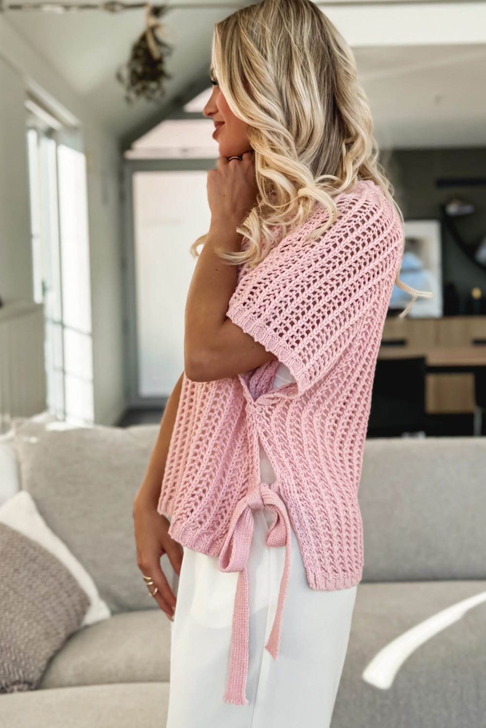 Pink Hollow-out Crochet Side Tied Short Sleeve Sweater