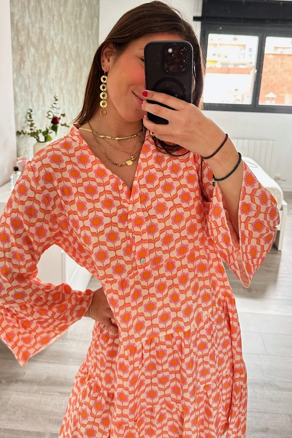 Orange Floral Print Flounce Sleeve Buttoned Front Mini Dress