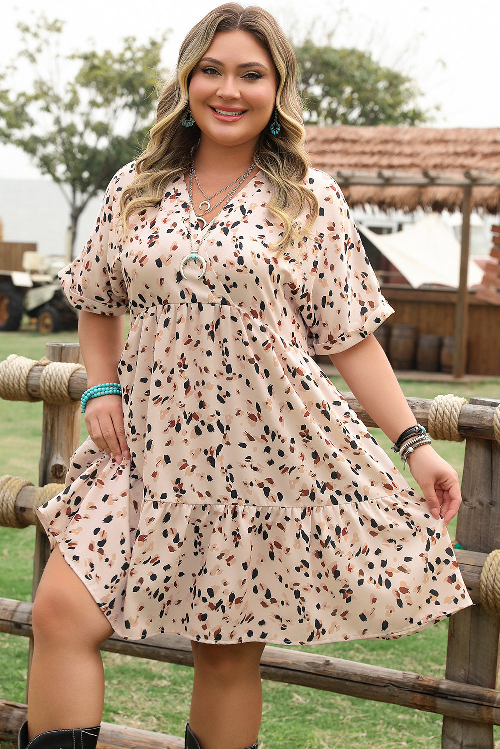 Beige Printed V Neck Plus Size Dress