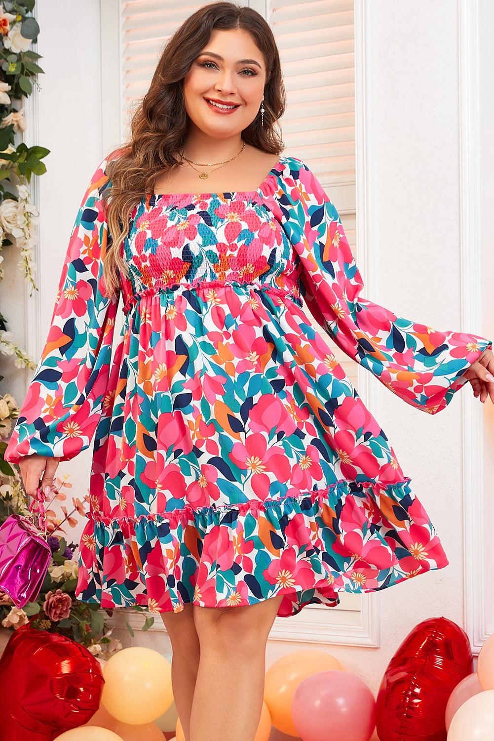 Floral Square Neck Plus Size Dress