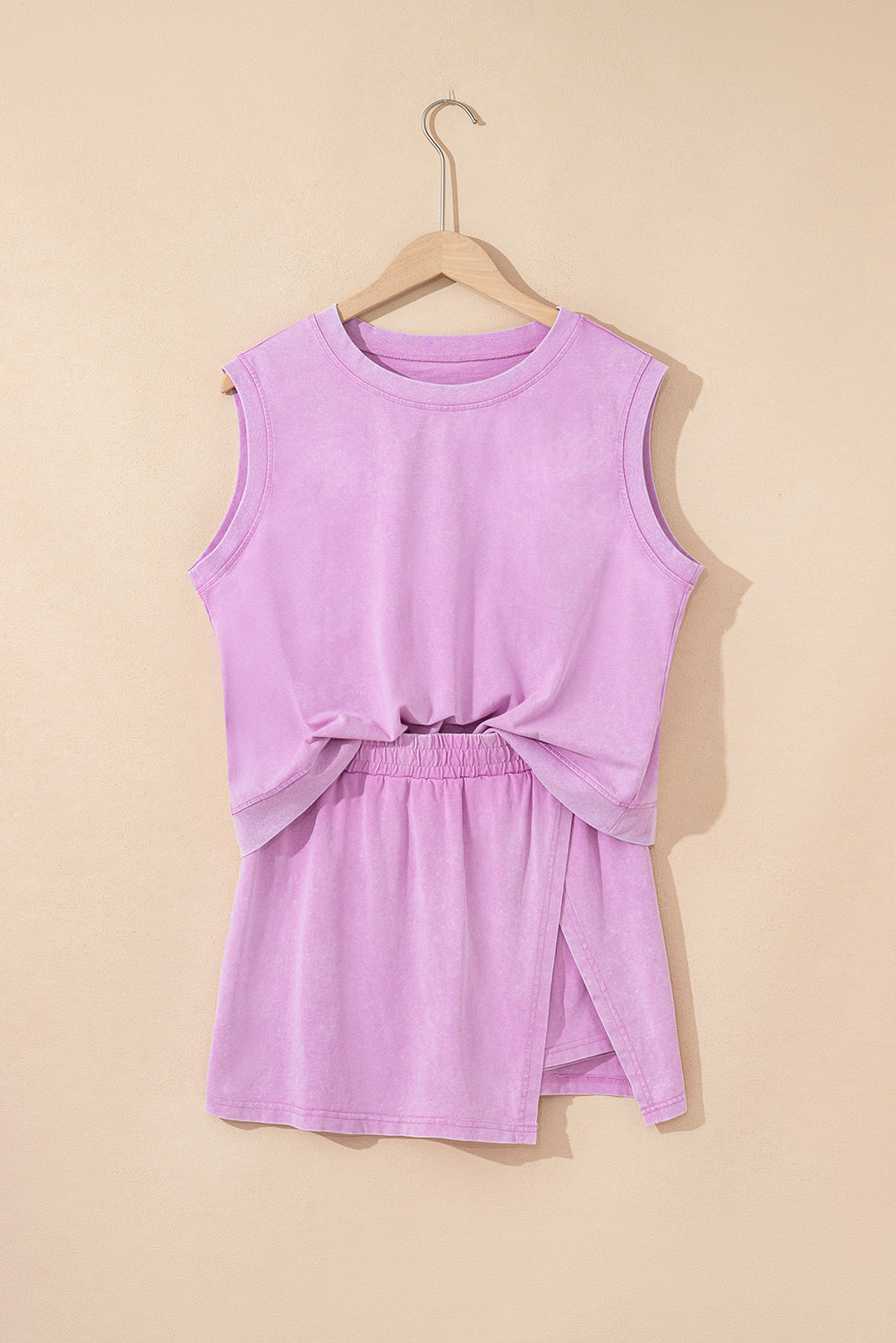 Purple 2 Pieces Mineral Wash Cotton Tank Top Lined Split Skirt Set