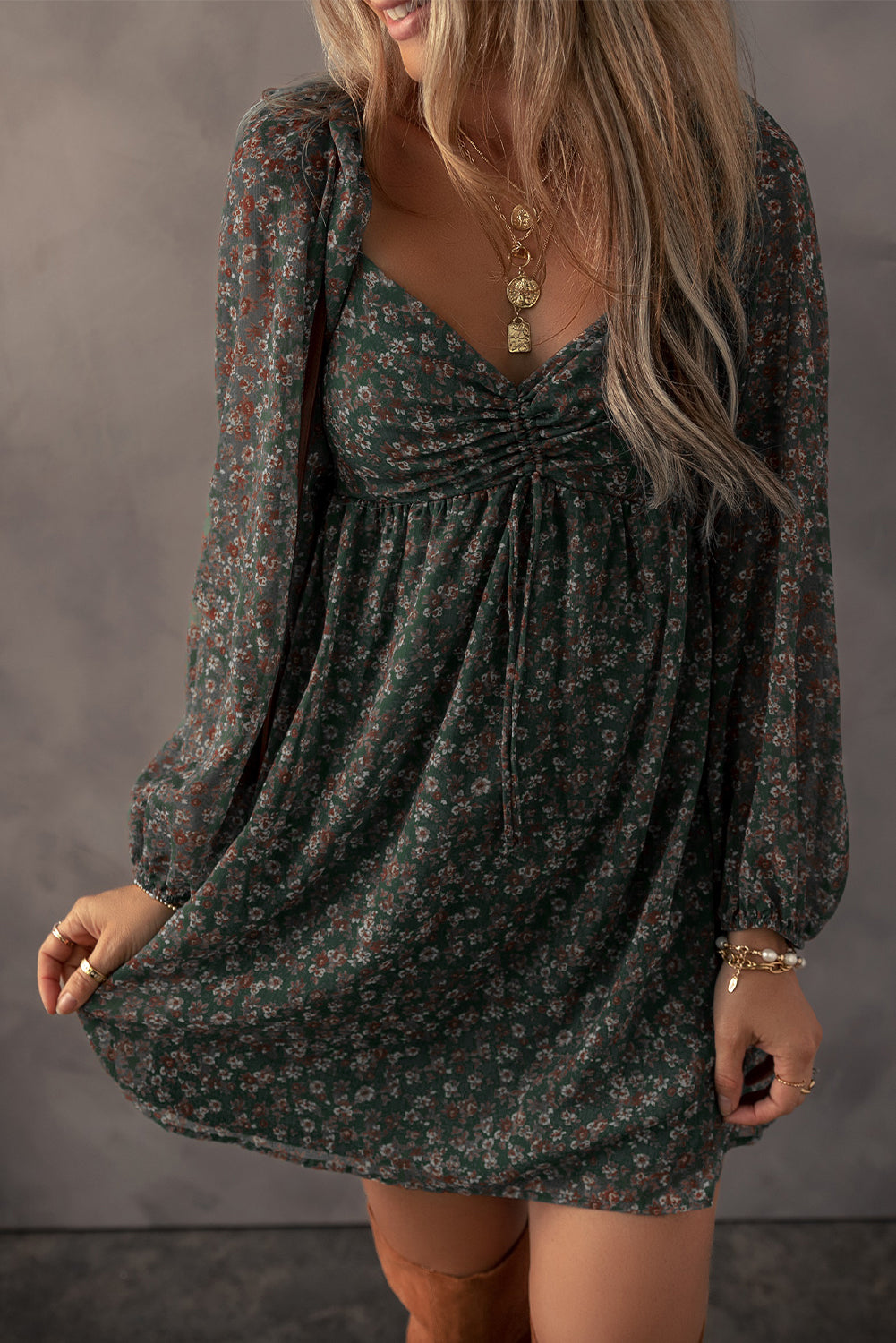 Green Fall Floral Mini Dress