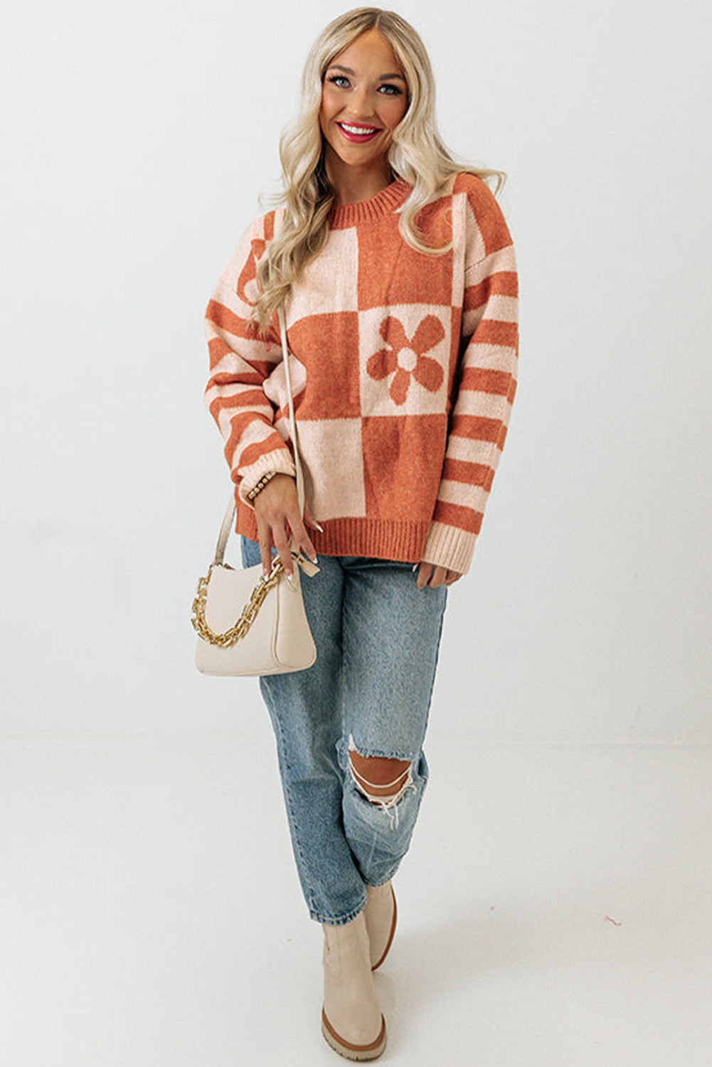 Orange Checkered Floral Sweater