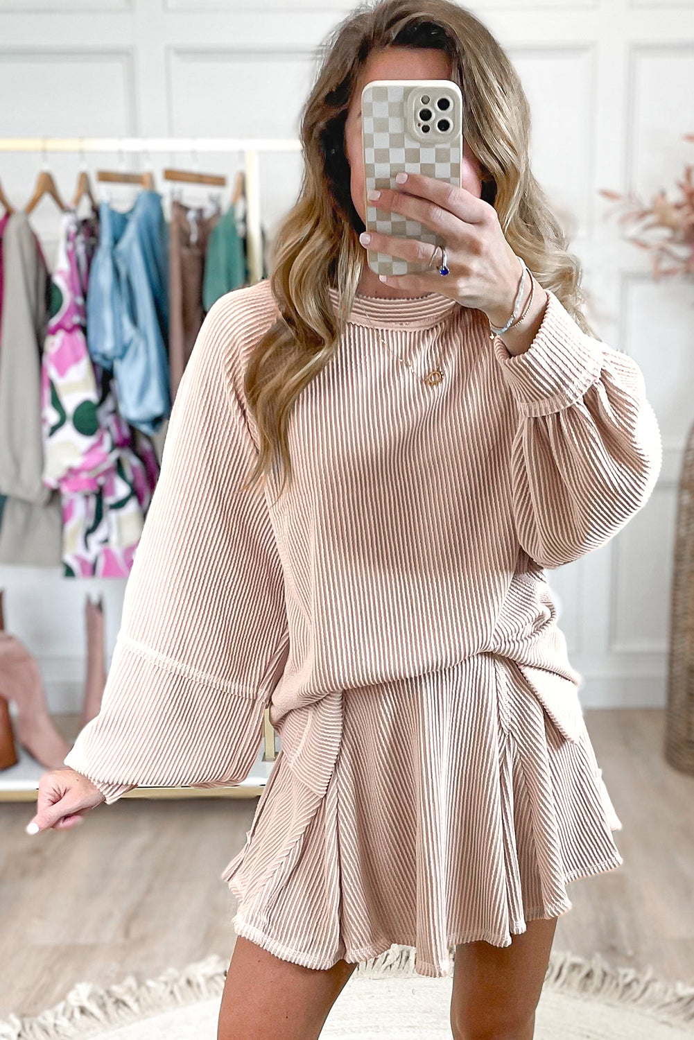 Jet Stream Corded Lantern Sleeve Top High Waist Ruffled Mini Skirt Set