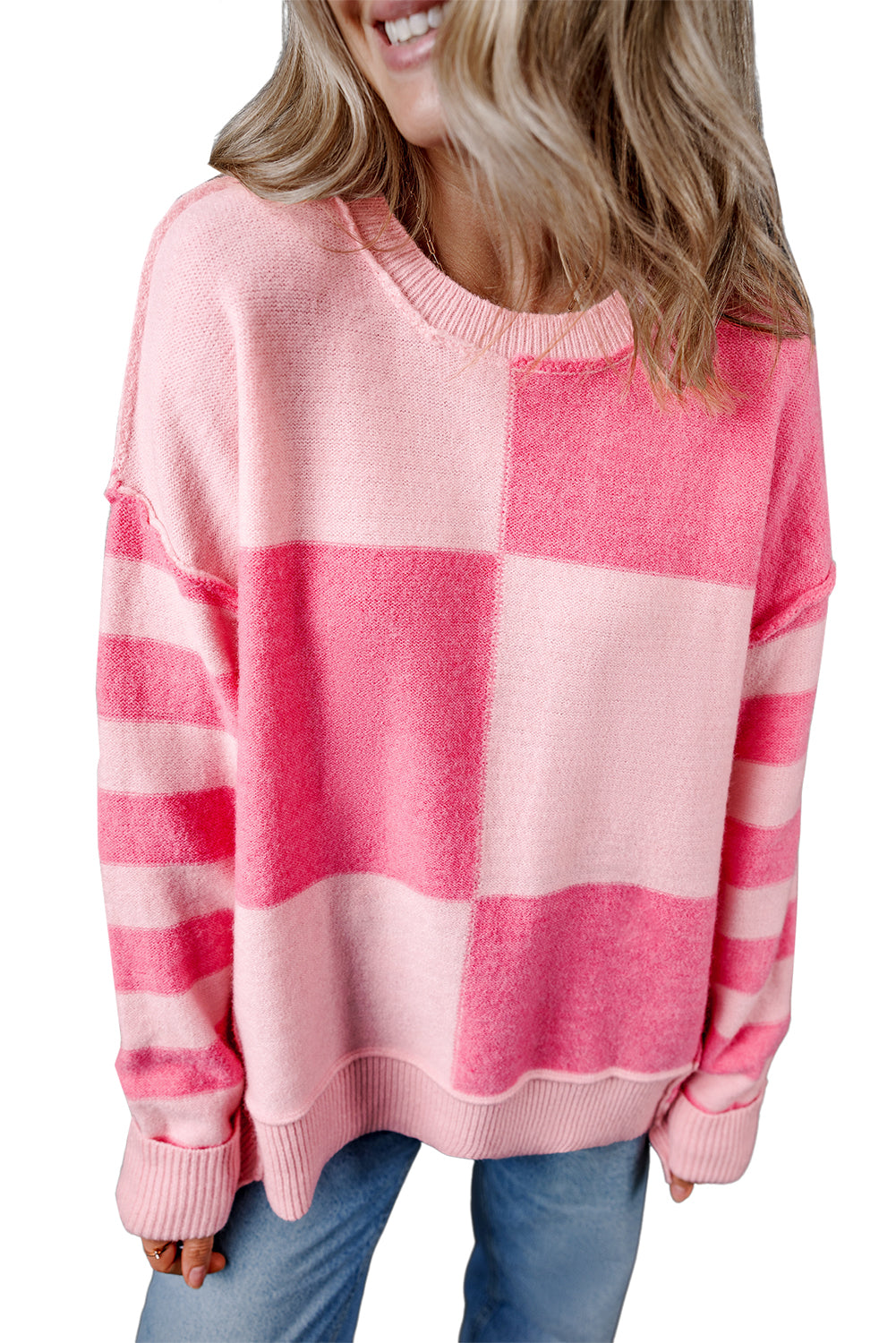 Pink Checkered Colorblock Striped High Low Loose Sweater