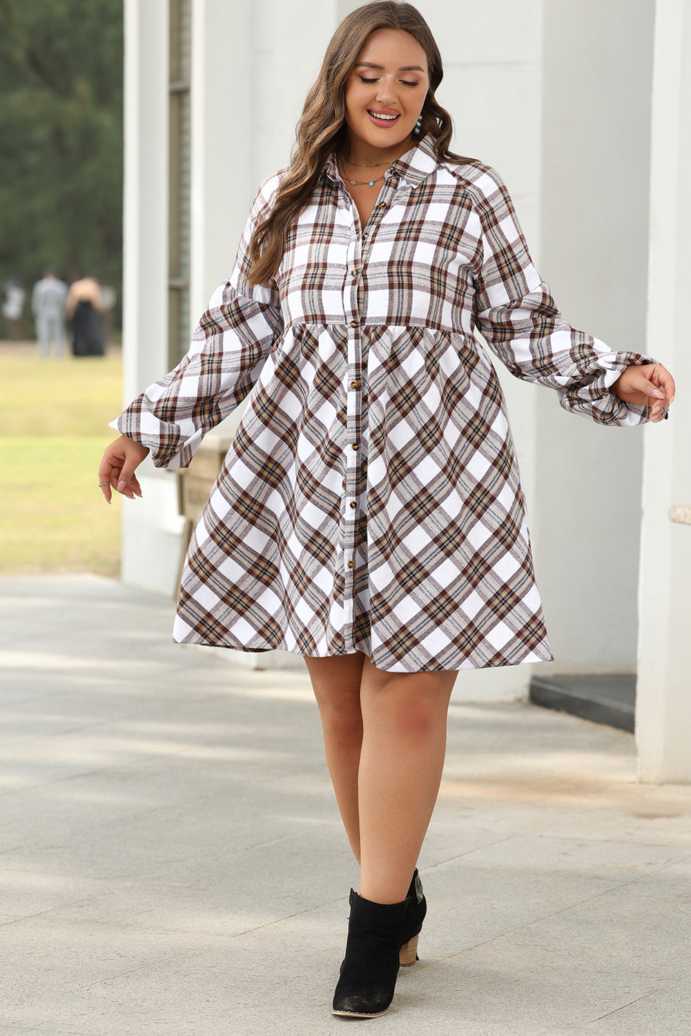 Flannel Bubble Sleeve Flowy Shirt Dress