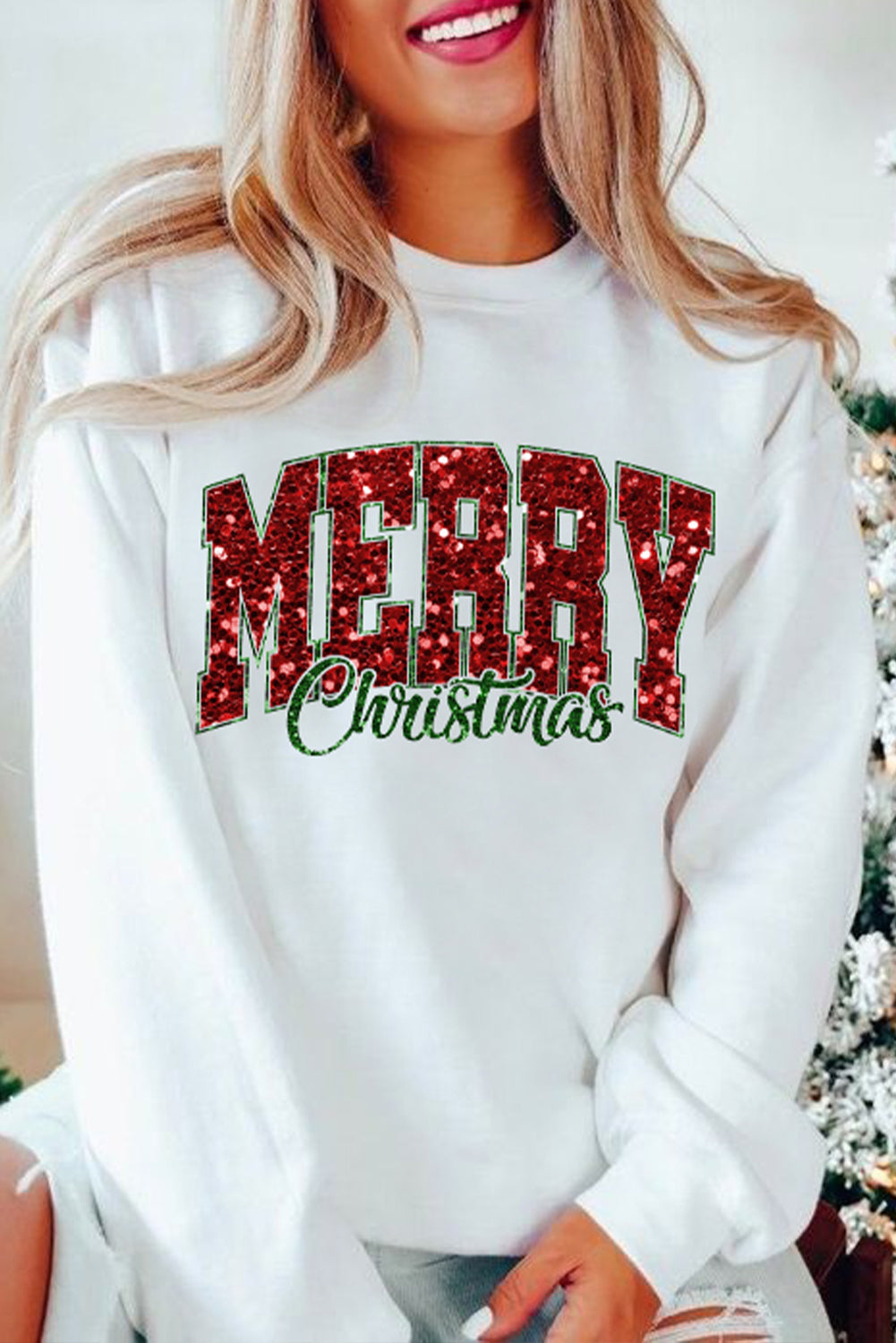 White MERRY Christmas Graphic Crewneck Pullover Sweatshirt