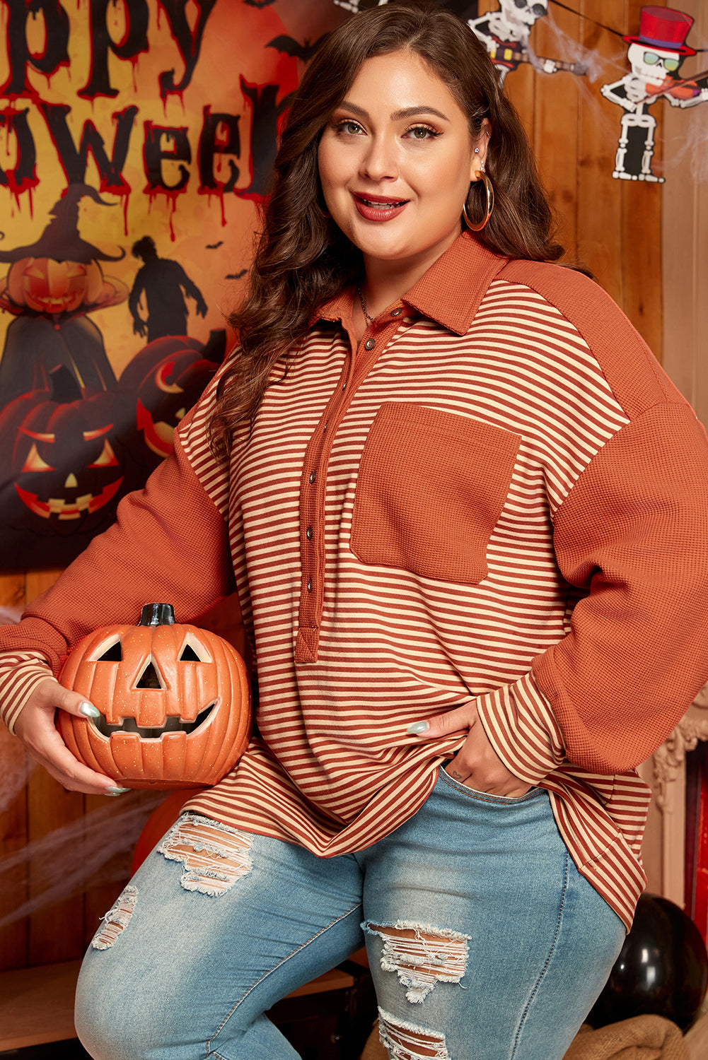 Rust Orange Striped Plus Size Sweatshirt