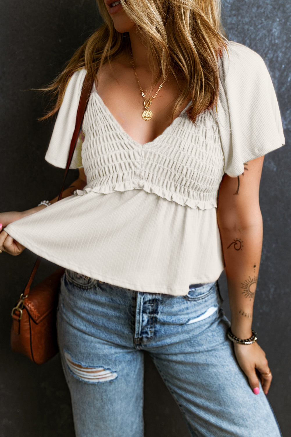 Oatmeal V Neck Flutter Blouse