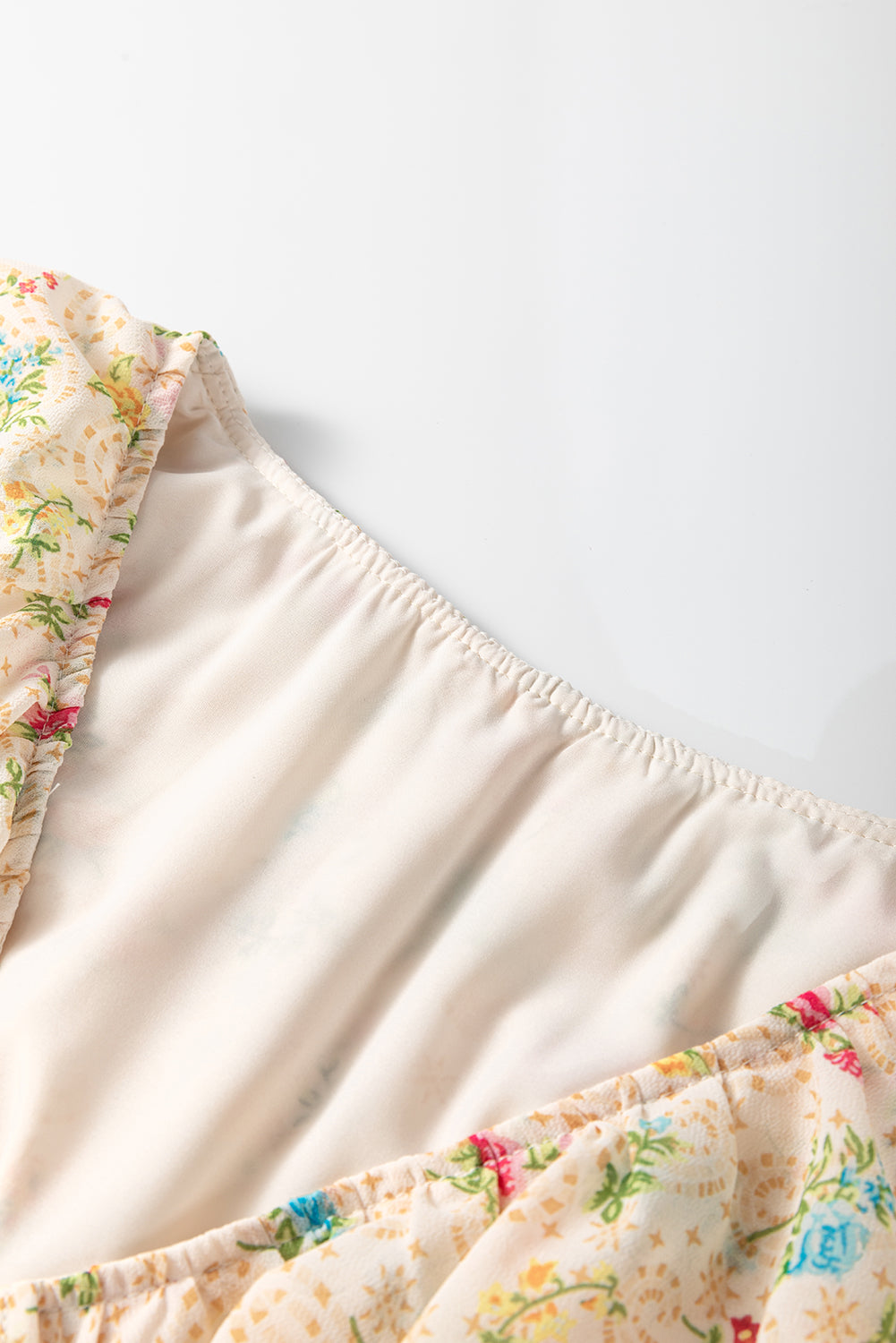 Apricot Boho Floral Tassel Tie V Neck Ruffle Wide Sleeve Mini Dress