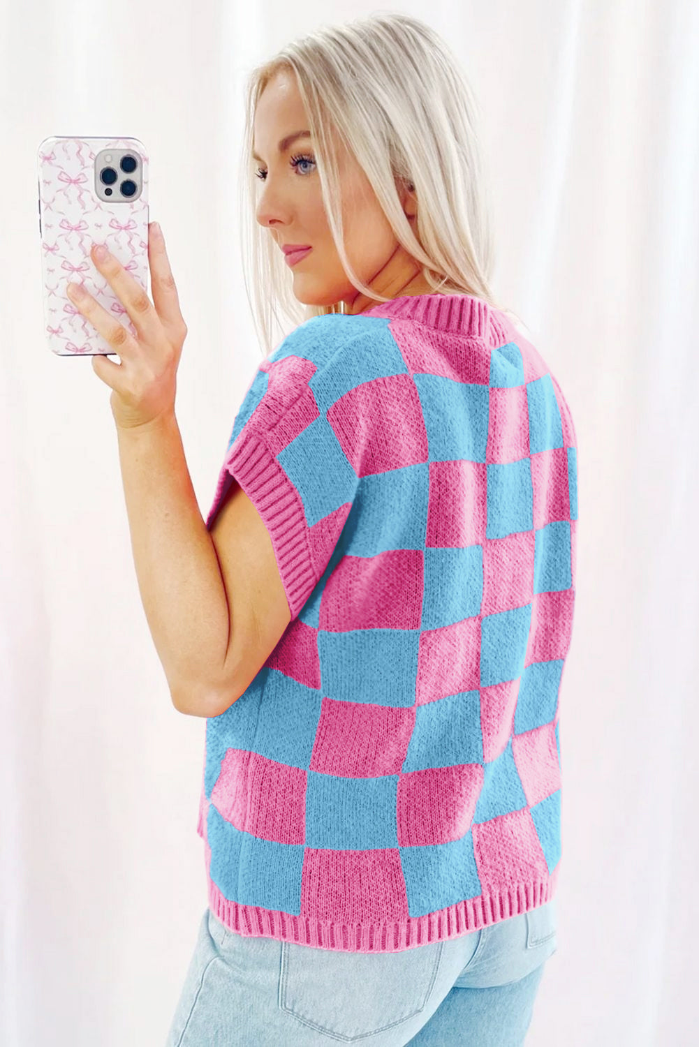 Pink and Blue Checkered Sweater Tank