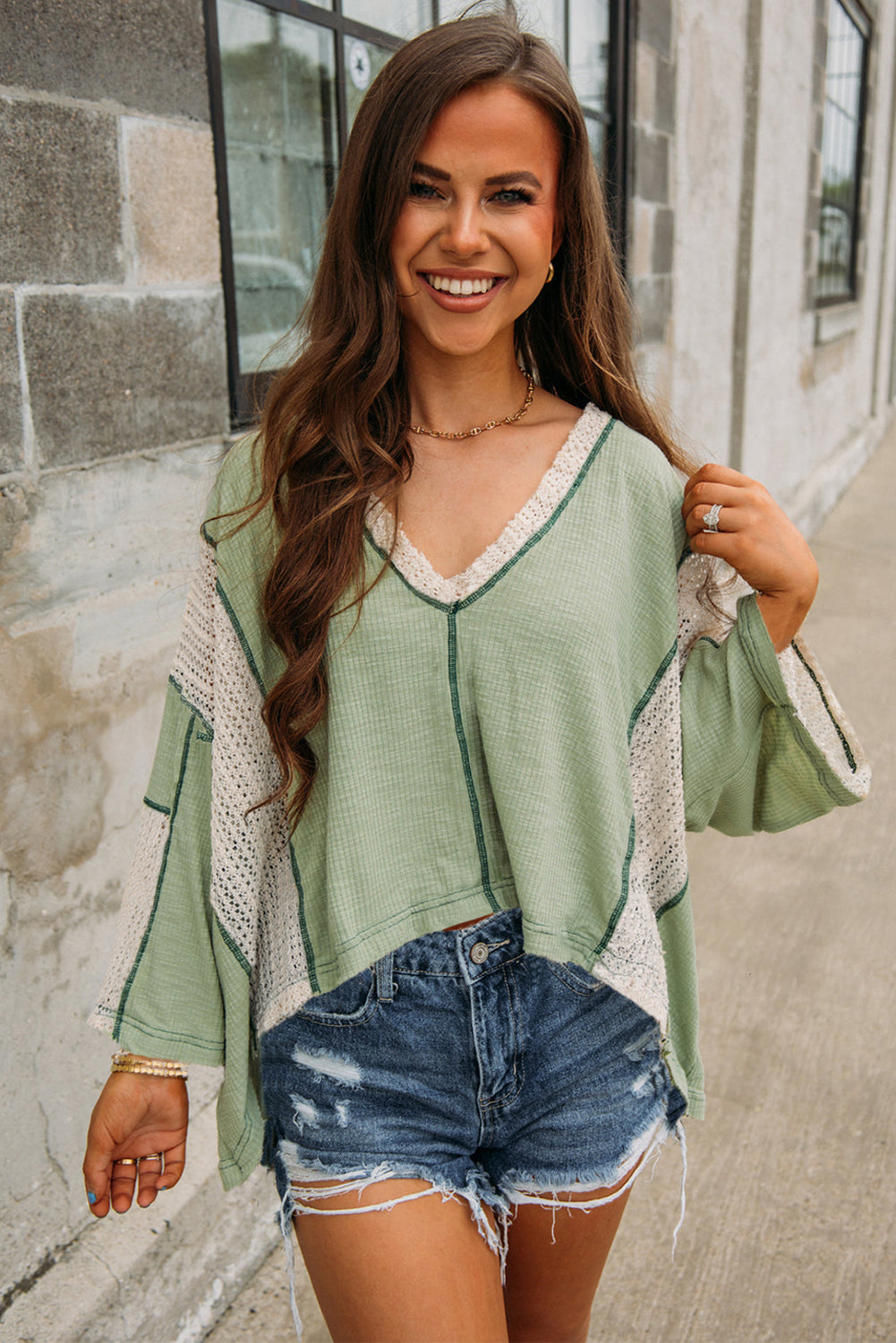 Grass Green Crochet Detail Exposed Seam High Low Loose Top