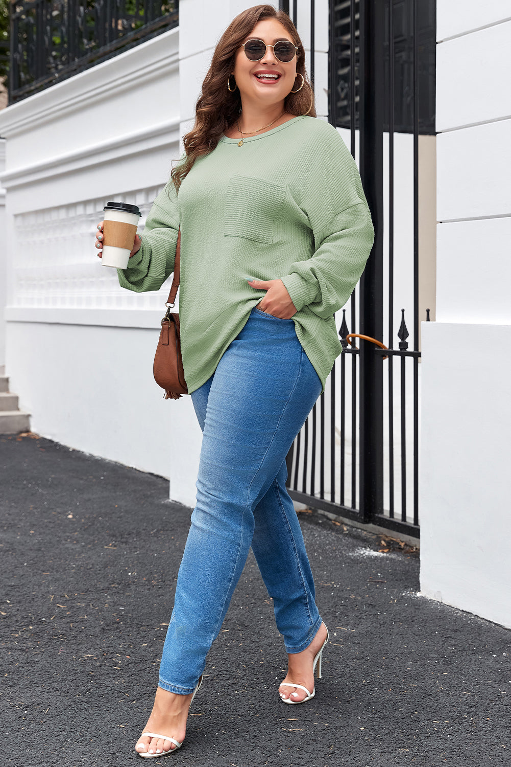 Aqua Plus Size Corded Knit Pocketed Crew Neck Top