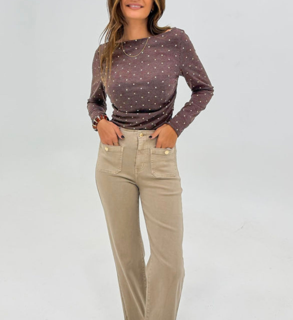 Dark Brown Polka Dot Boat Neck Knit Long Sleeve T-Shirt