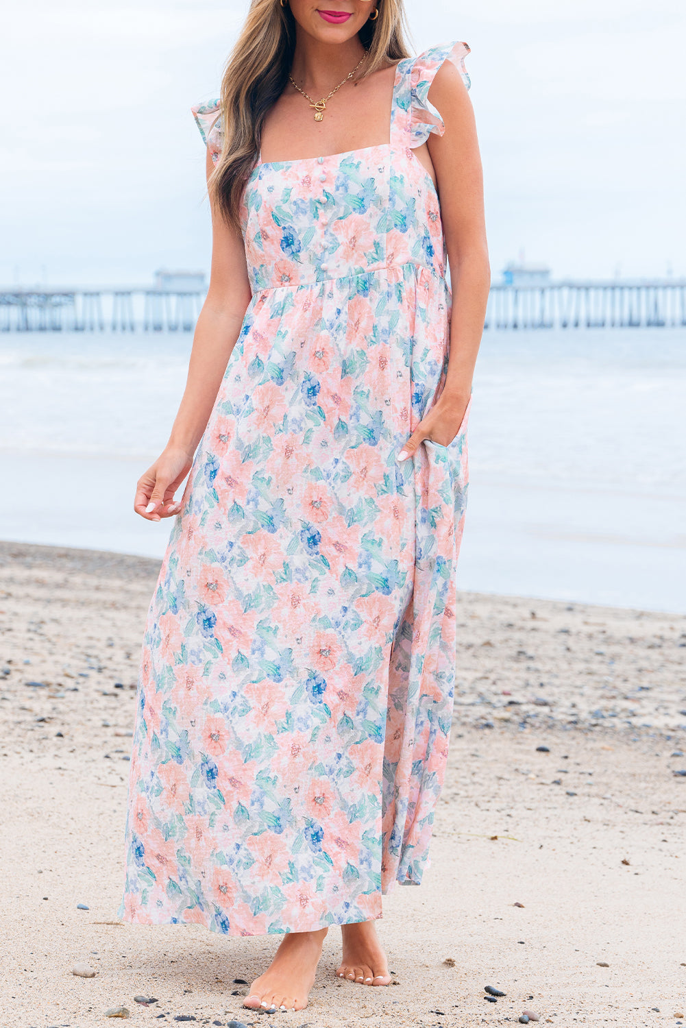 Pink Floral Print Square Neck Backless Long Dress with Slit