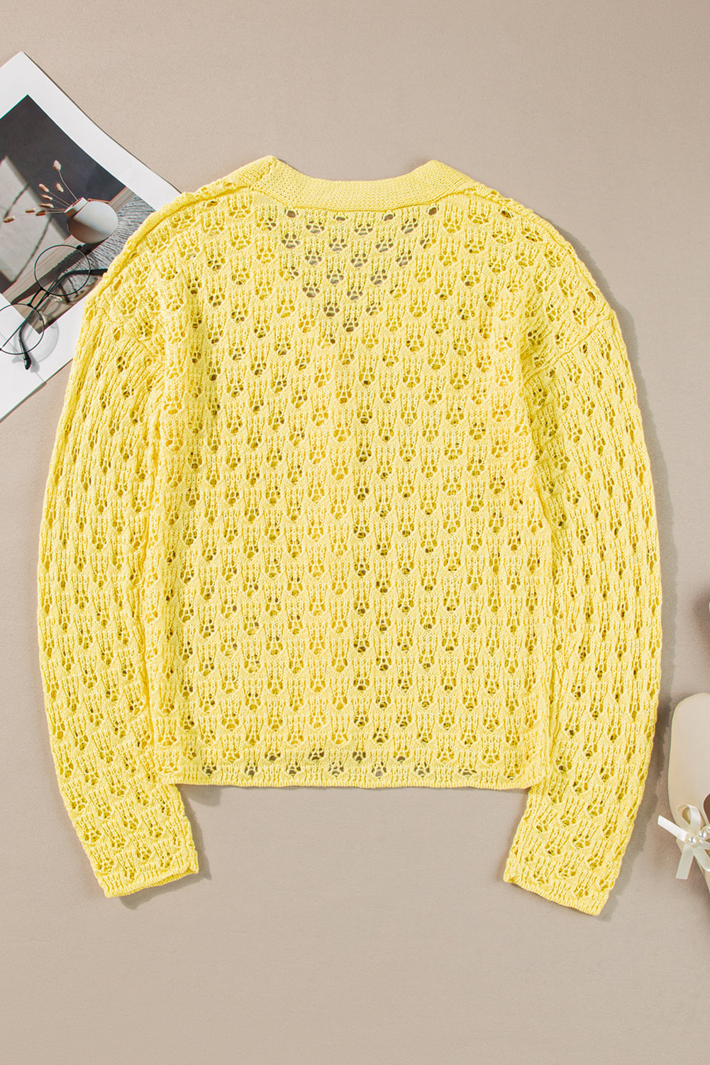 Yellow Pointelle Knit V Neck Sweater Cardigan