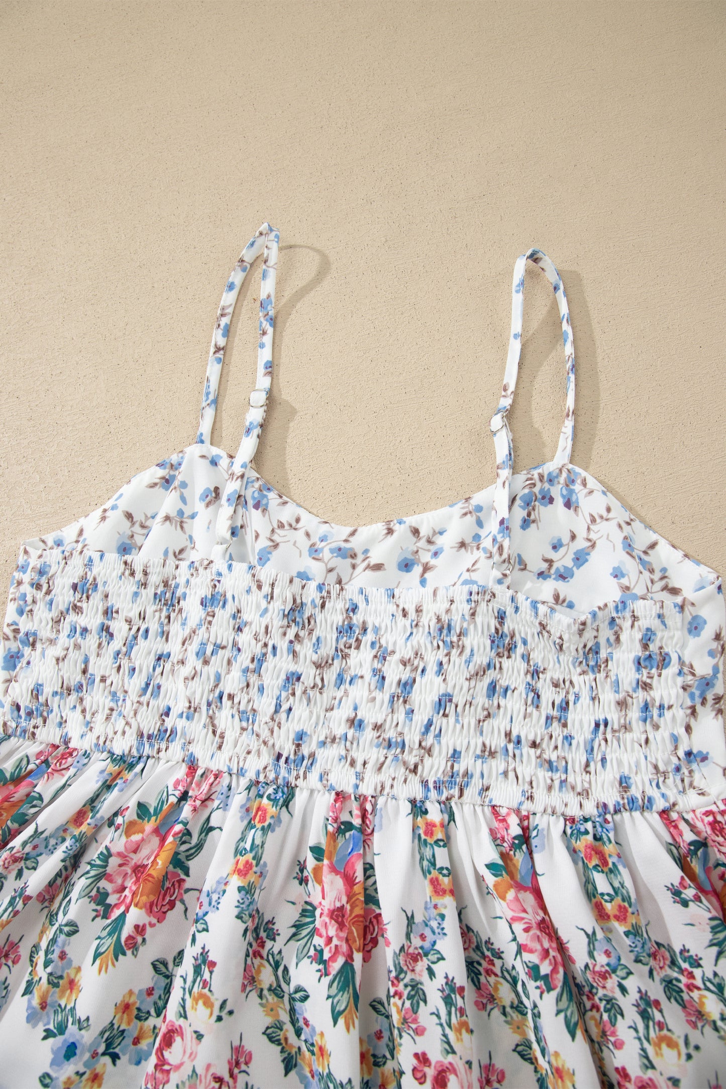 White Contrast Floral Printed Patchwork Spaghetti Straps Babydoll Top