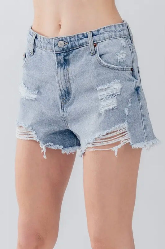 Distressed denim shorts