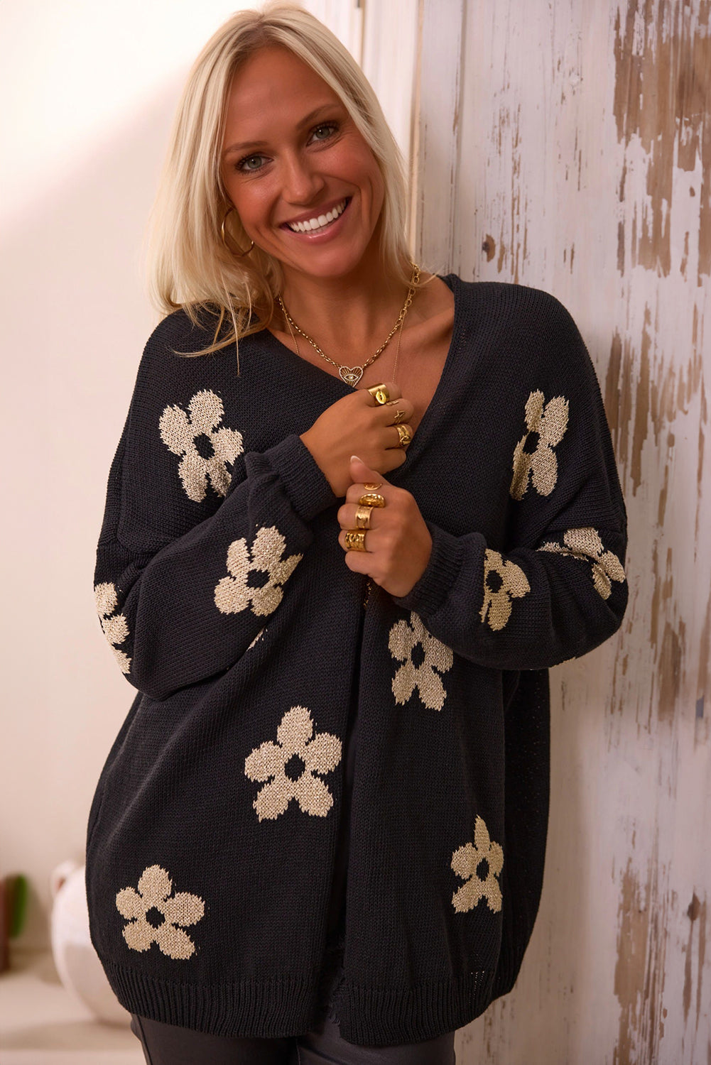 Black Floral Print Cardigan