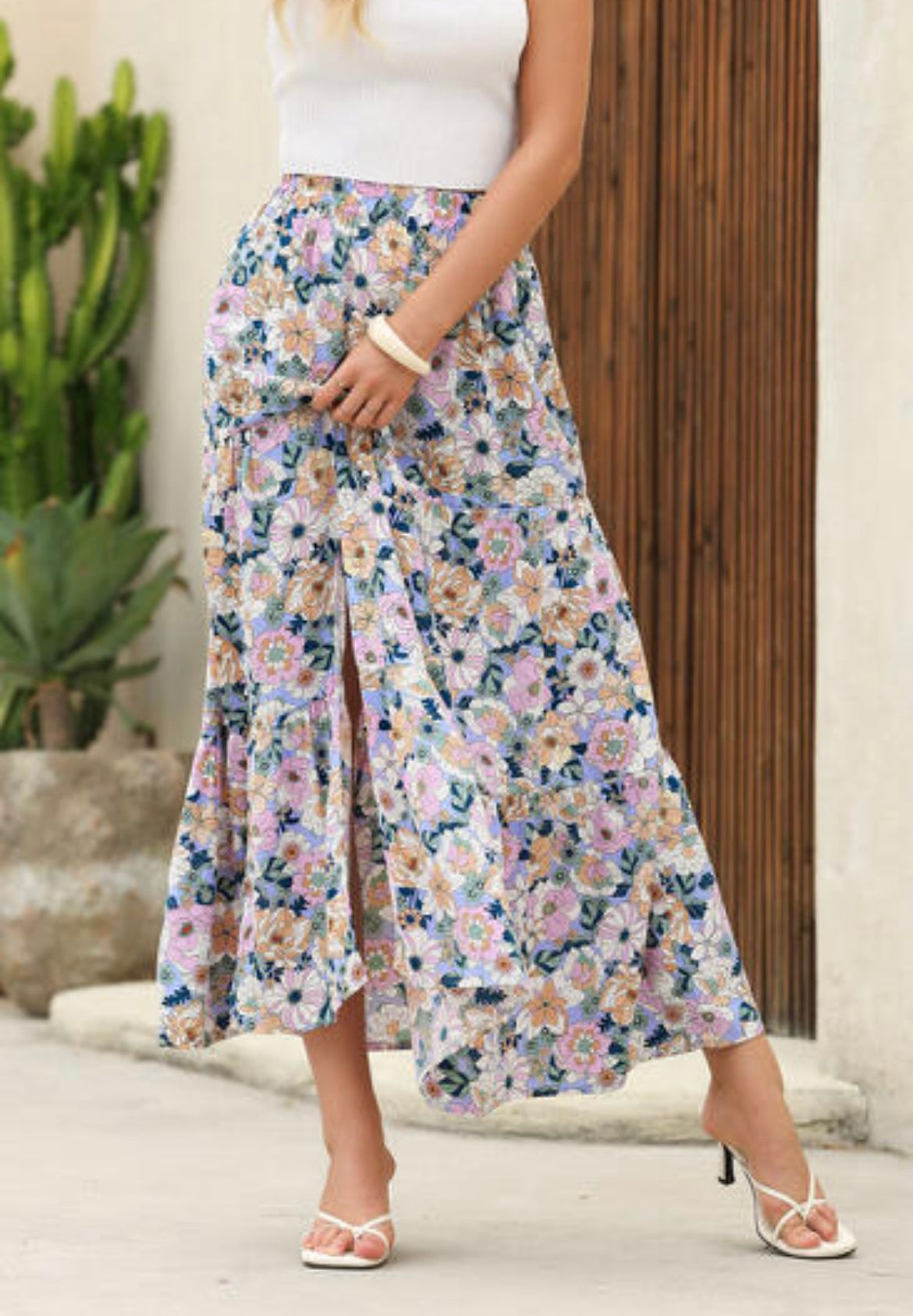 Sky Blue Bohemian Floral Print Tiered Maxi Skirt with Split