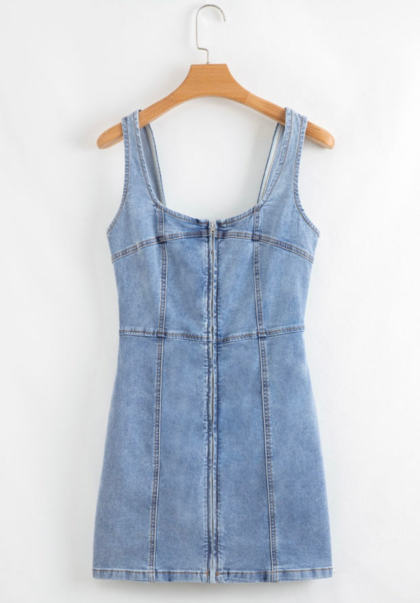 Beau Blue Seamed Zipper Square Neck Sleeveless Denim Mini Dress