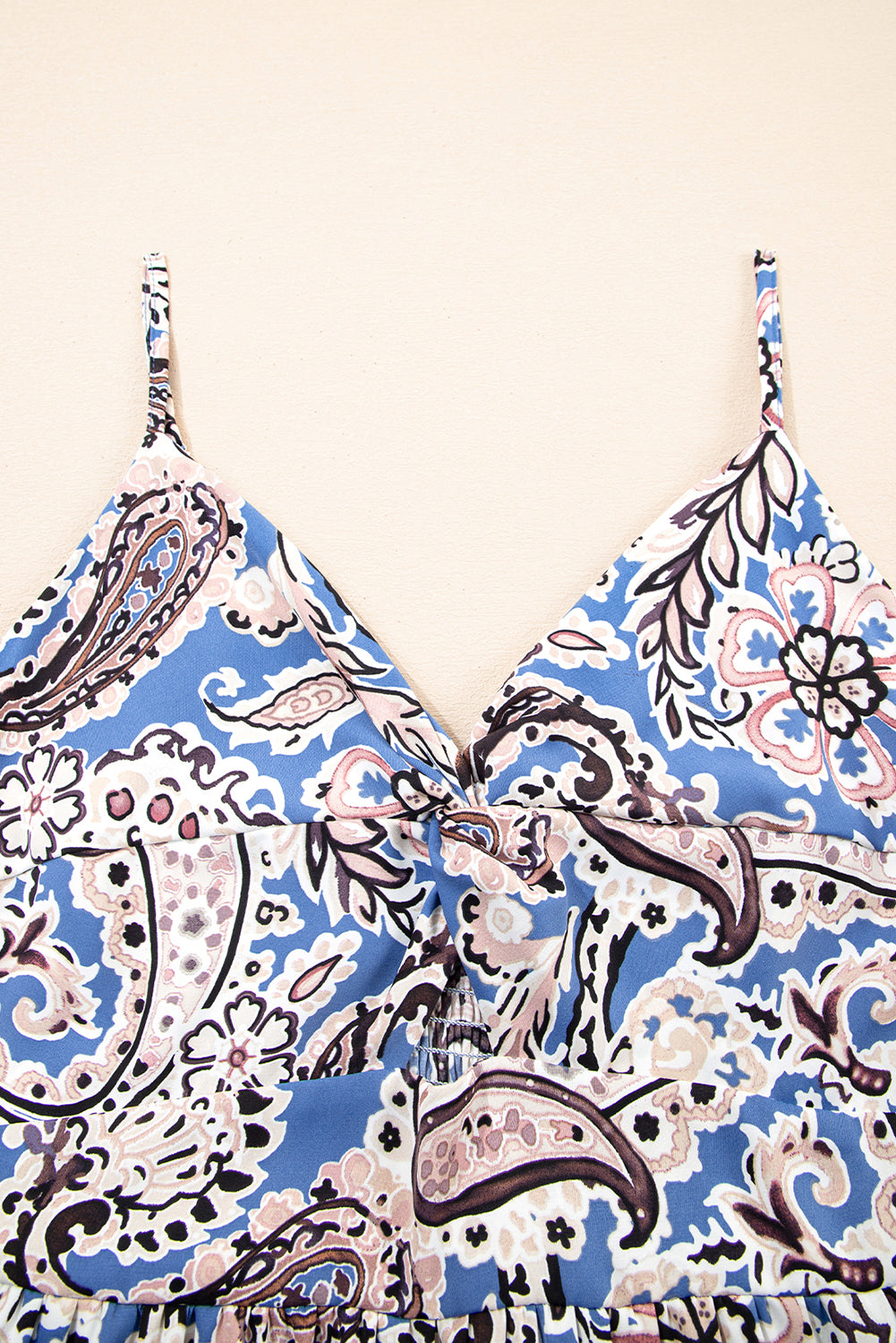 Blue Paisley Print Twist Detail Smocked Back Spaghetti Straps Long Dress