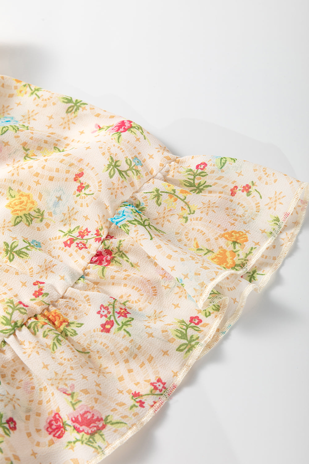 Apricot Boho Floral Tassel Tie V Neck Ruffle Wide Sleeve Mini Dress