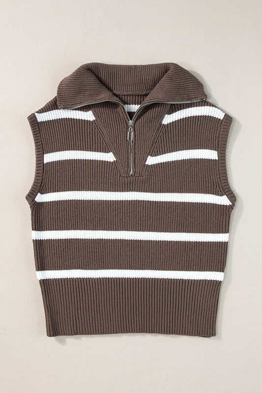 Brown Stripe Zipped Collar Cap Sleeve Knit Top