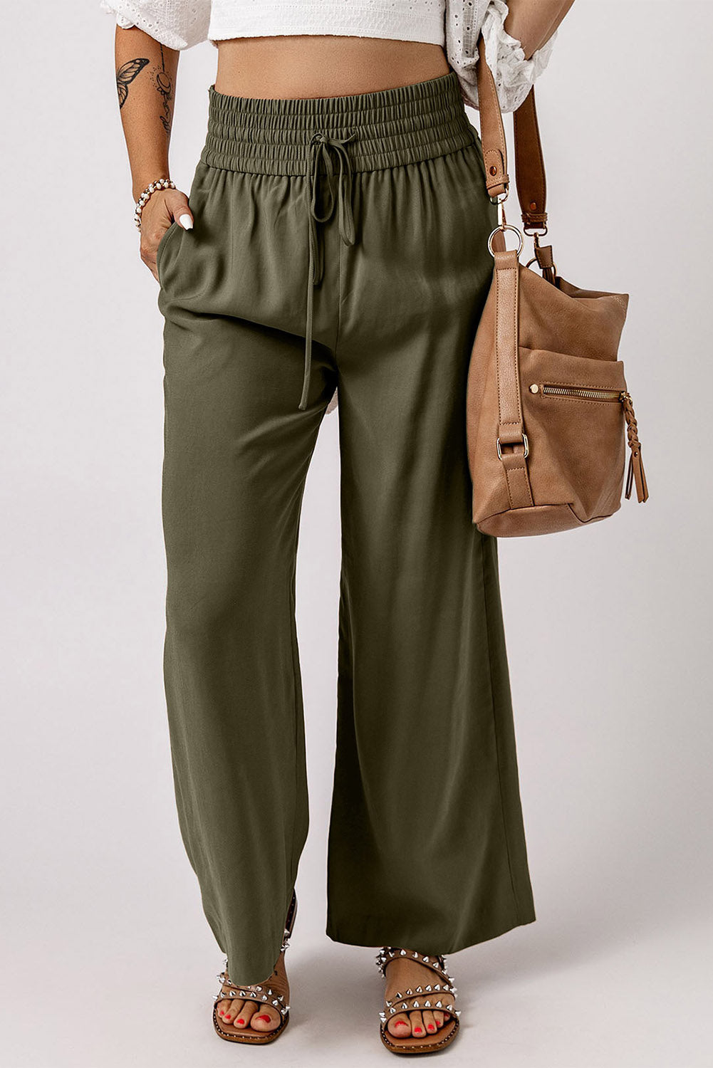 Green Brown Drawstring Elastic Waist Casual Wide Leg Pants