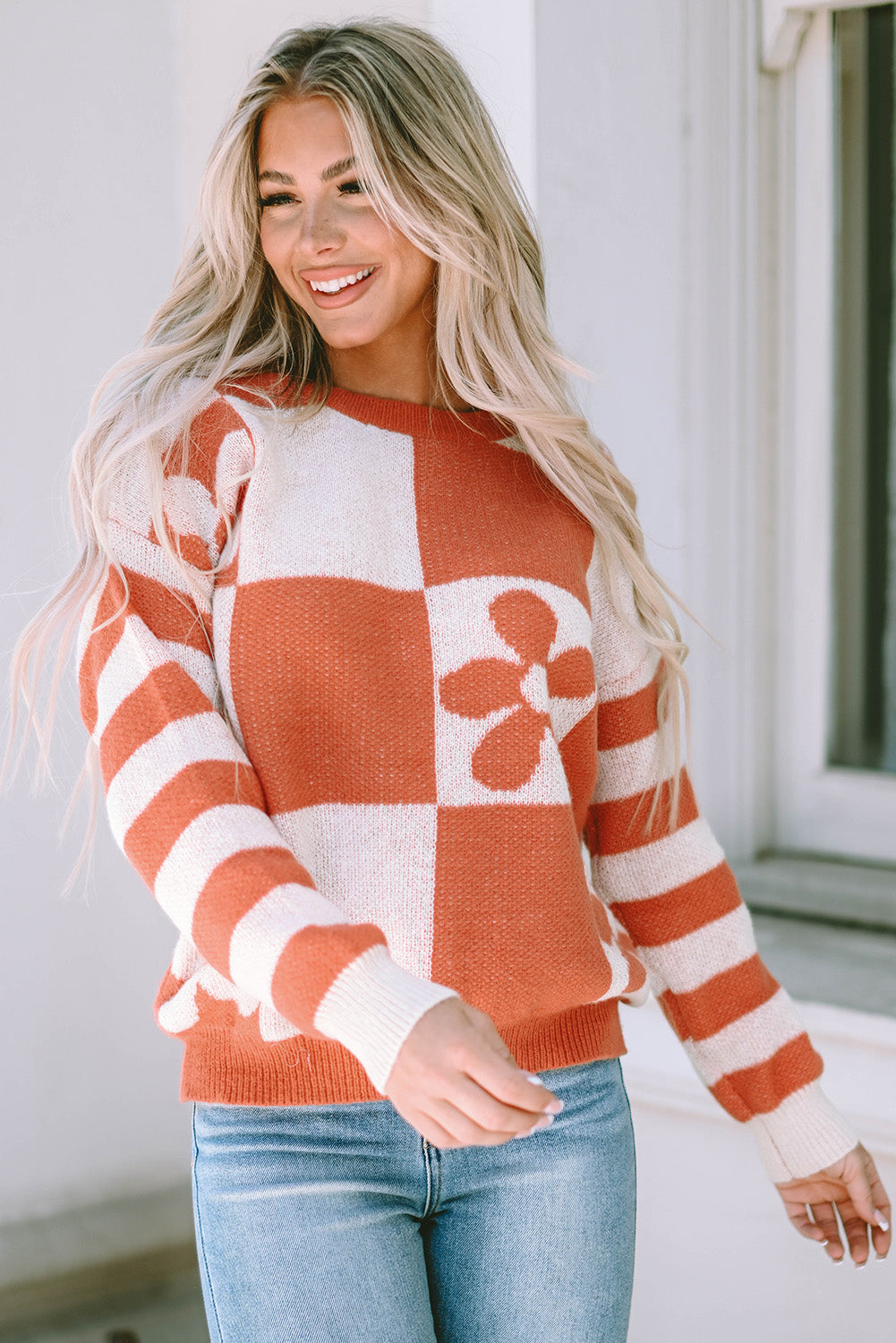 Orange Checkered Floral Sweater