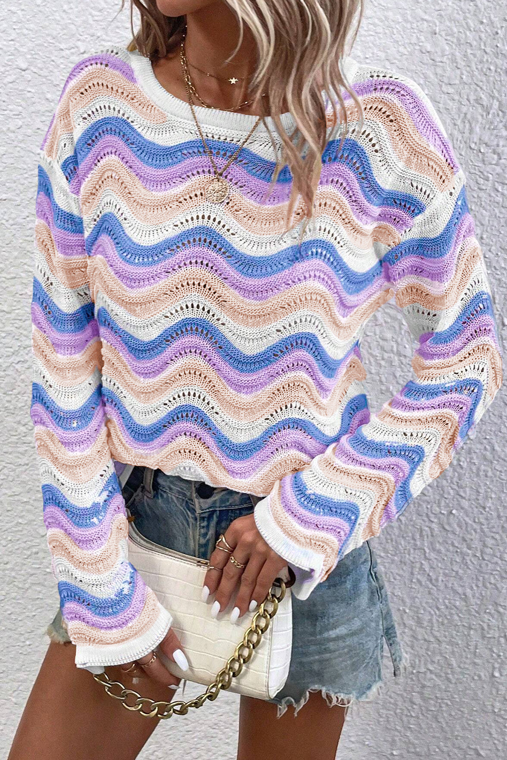 Purple Wavy Knit Drop Shoulder Sweater