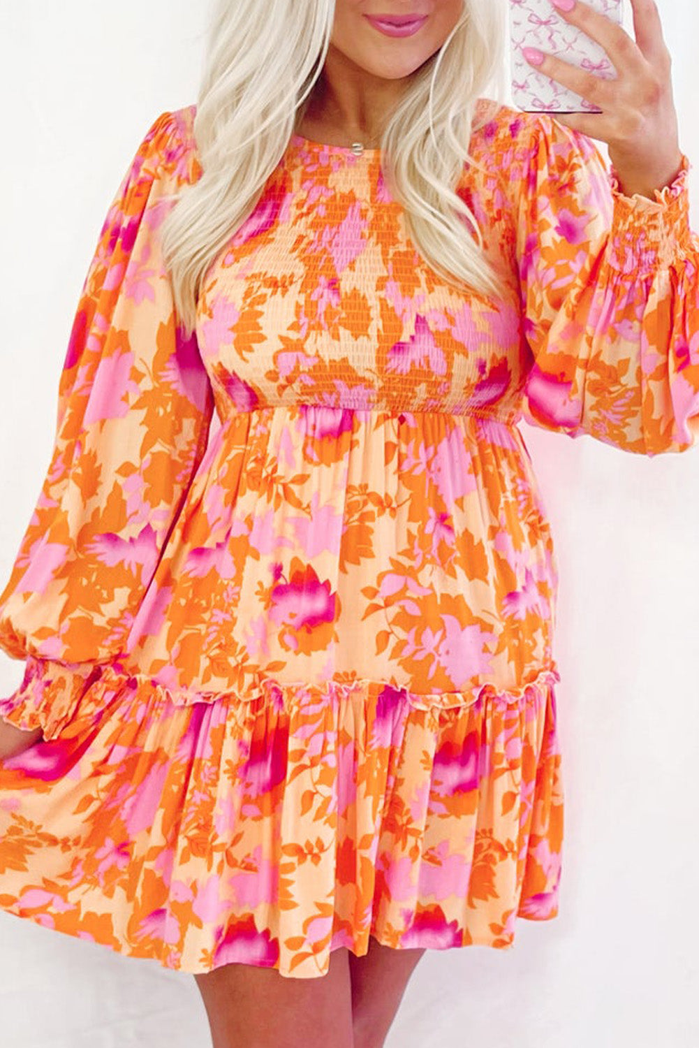 Orange Abstract Print Smocked Lantern Sleeve Ruffle Mini Dress