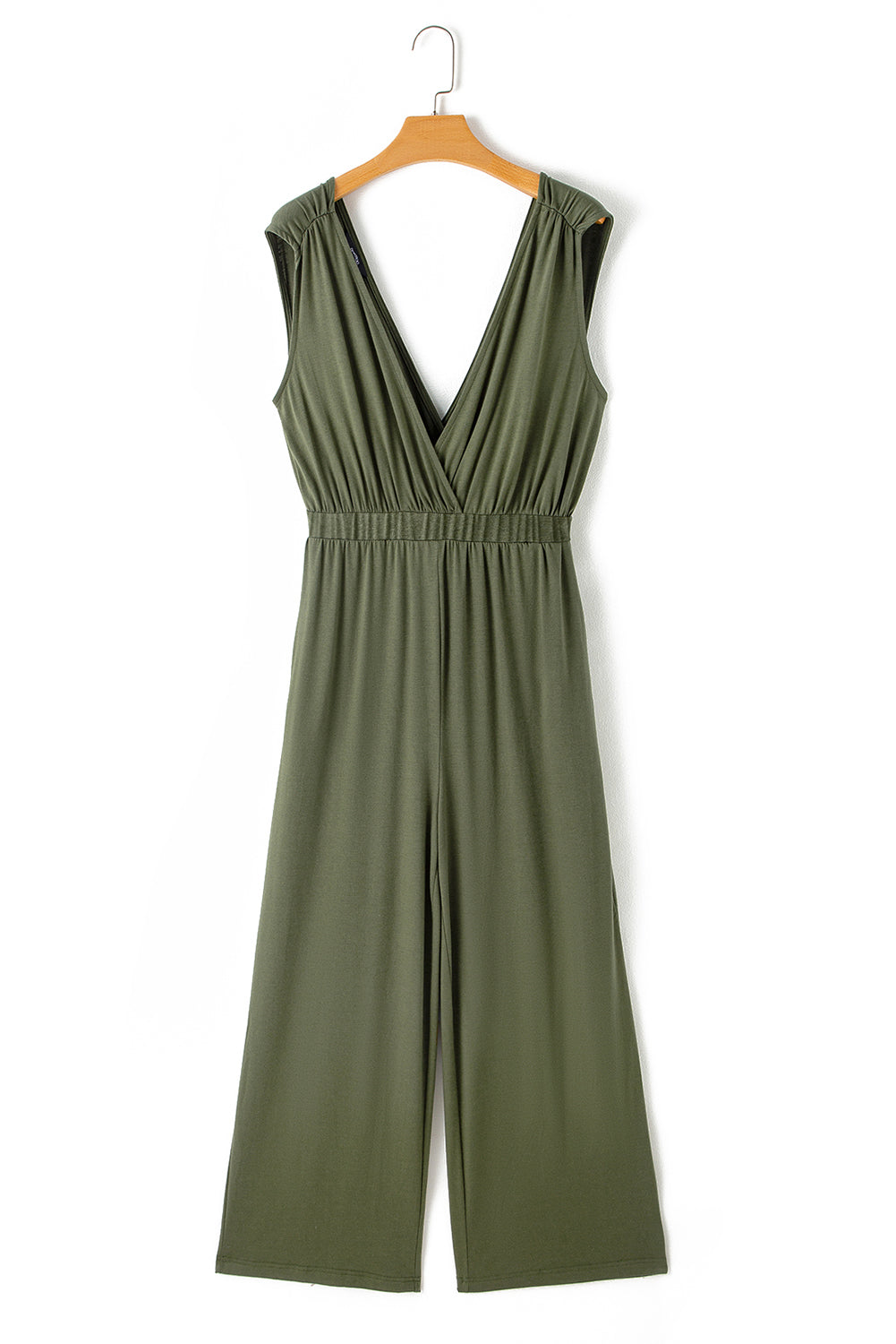 Jungle Green Deep V Pleated Crisscross Wide Leg Backless Jumpsuit