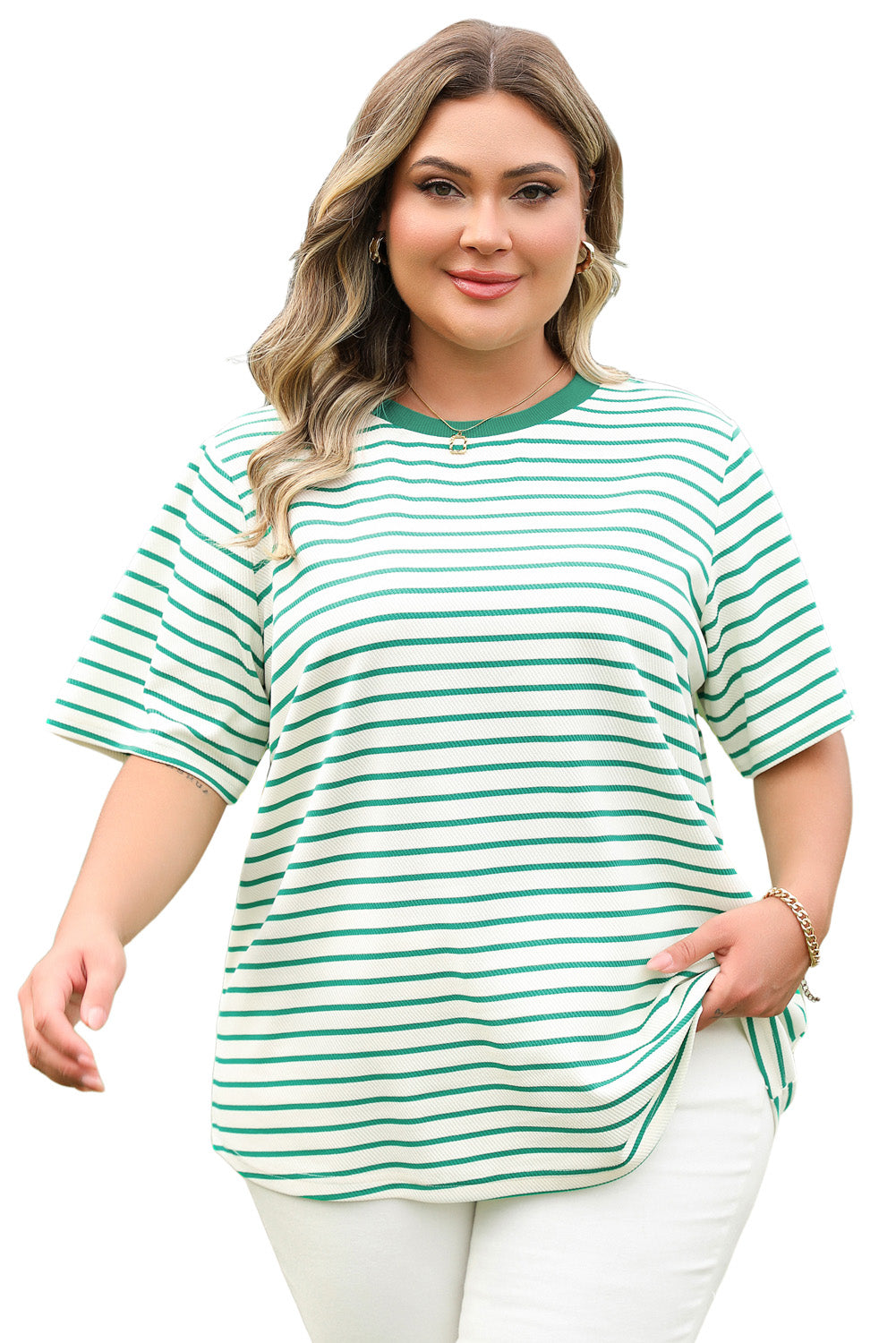Green Stripe Plus Size Round Neck T Shirt