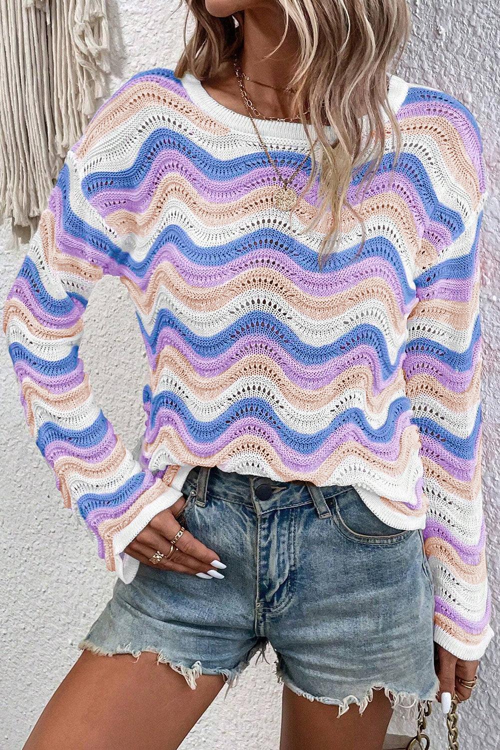 Purple Wavy Knit Drop Shoulder Sweater