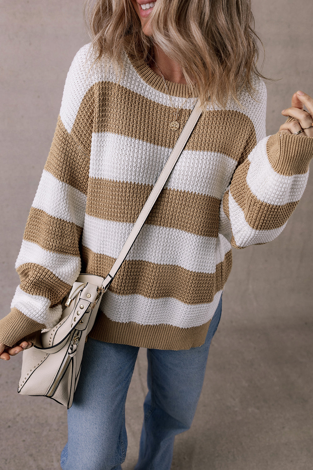 Light French Beige Colorblock Striped Drop Shoulder Side Slit Sweater