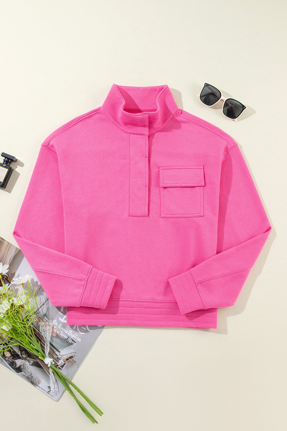 Bright Pink Half Button Collared Sweatshirt