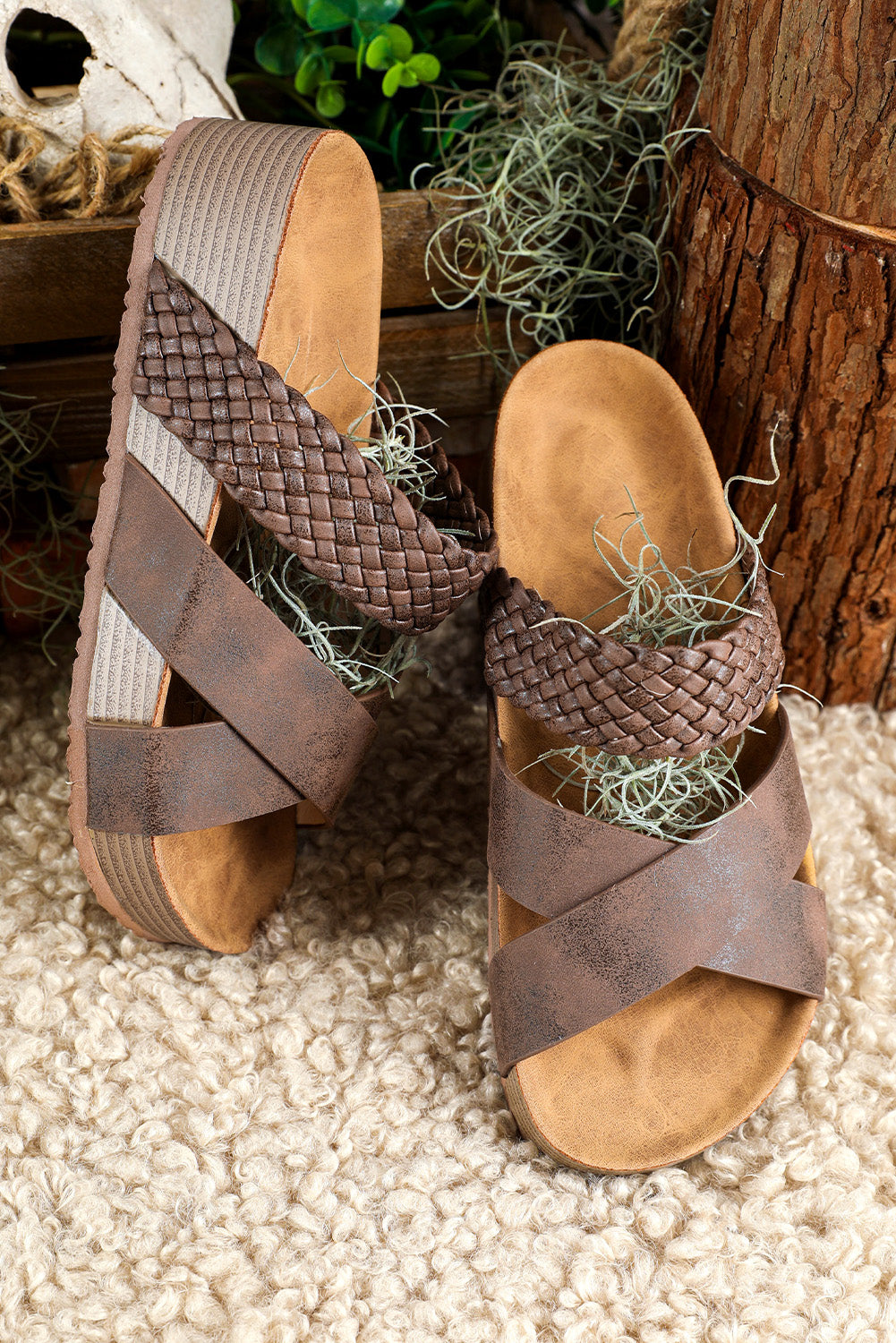 Brown Braided Criss Cross Platforms