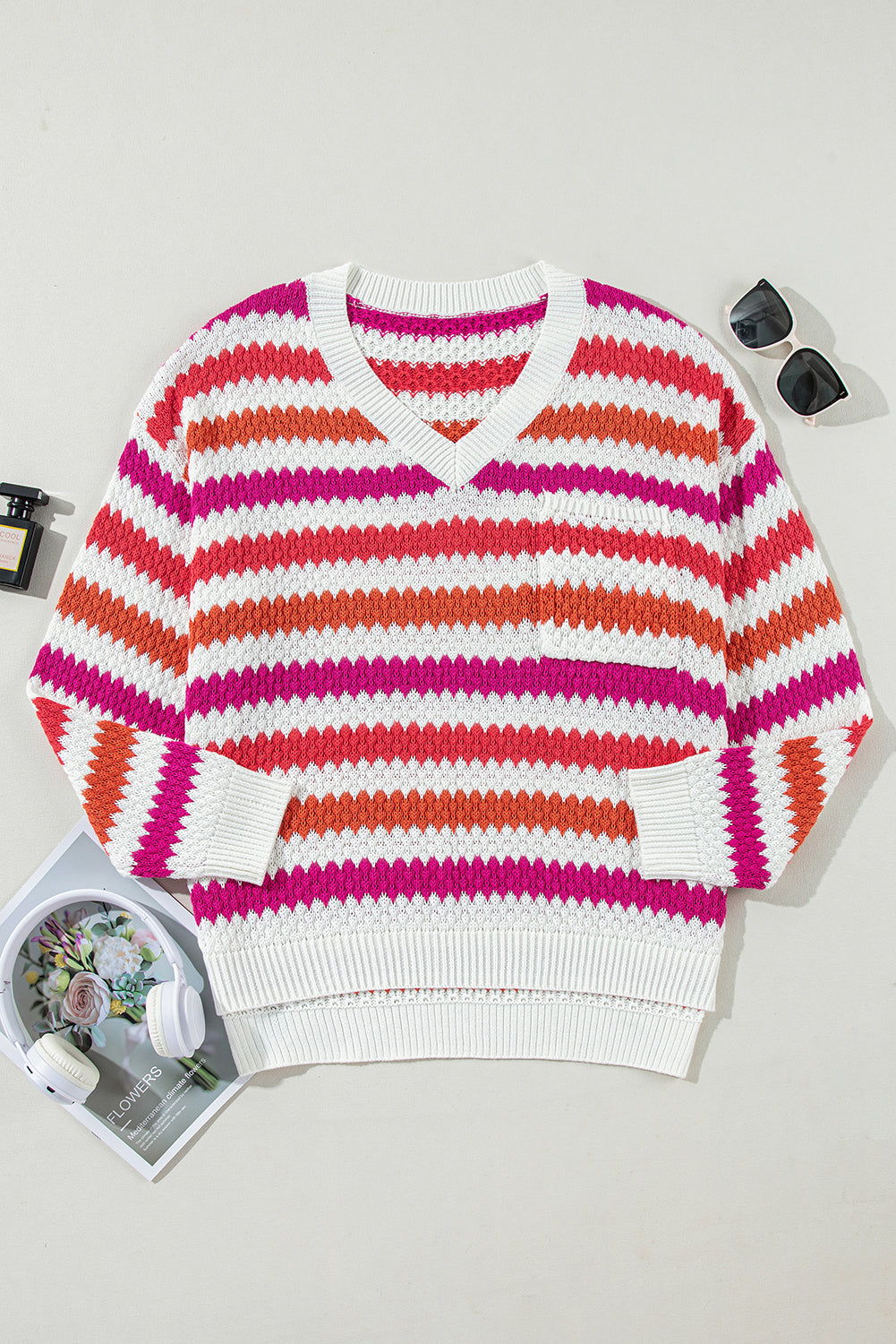 Pink Stripe V Neck Drop Shoulder Plus Size Sweater