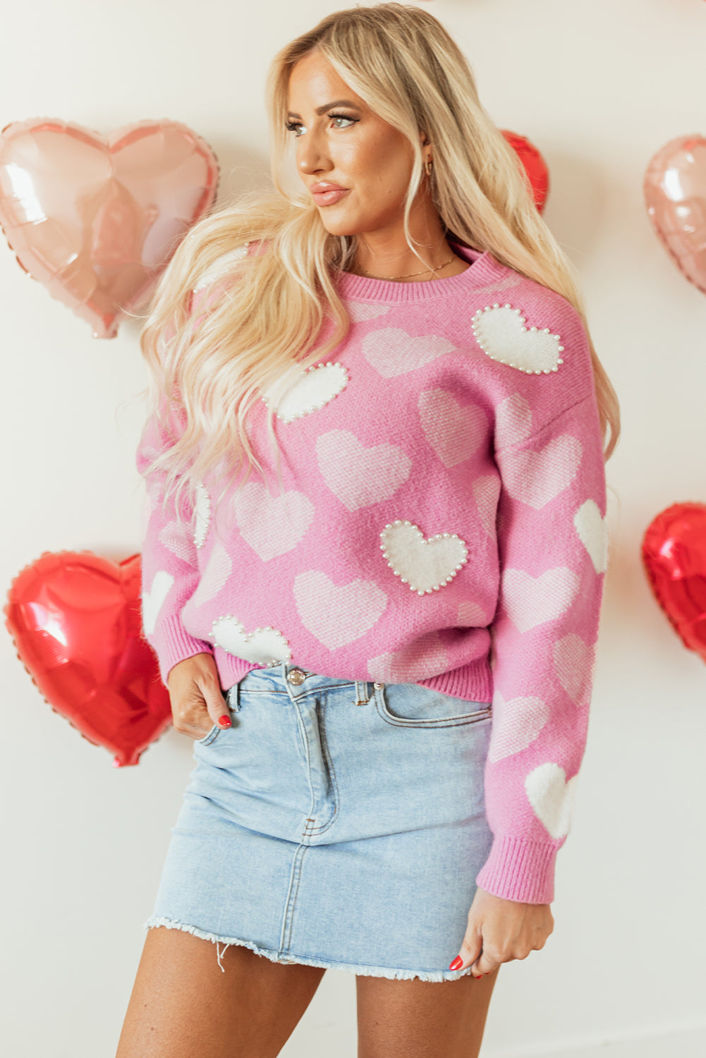 Pink Pearled Heart Print Crew Neck Sweater