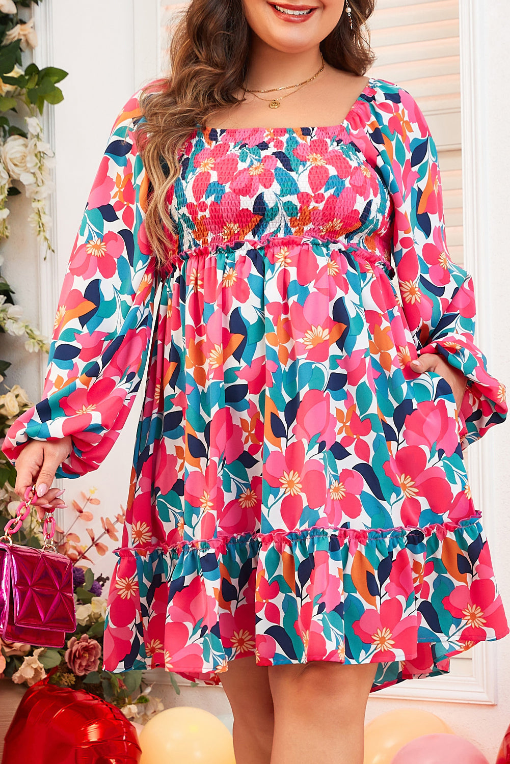 Floral Square Neck Plus Size Dress