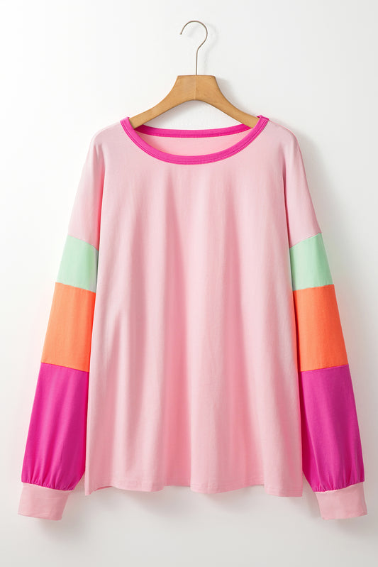 Pink Colorblock Patchwork Long Sleeve Plus Size Top