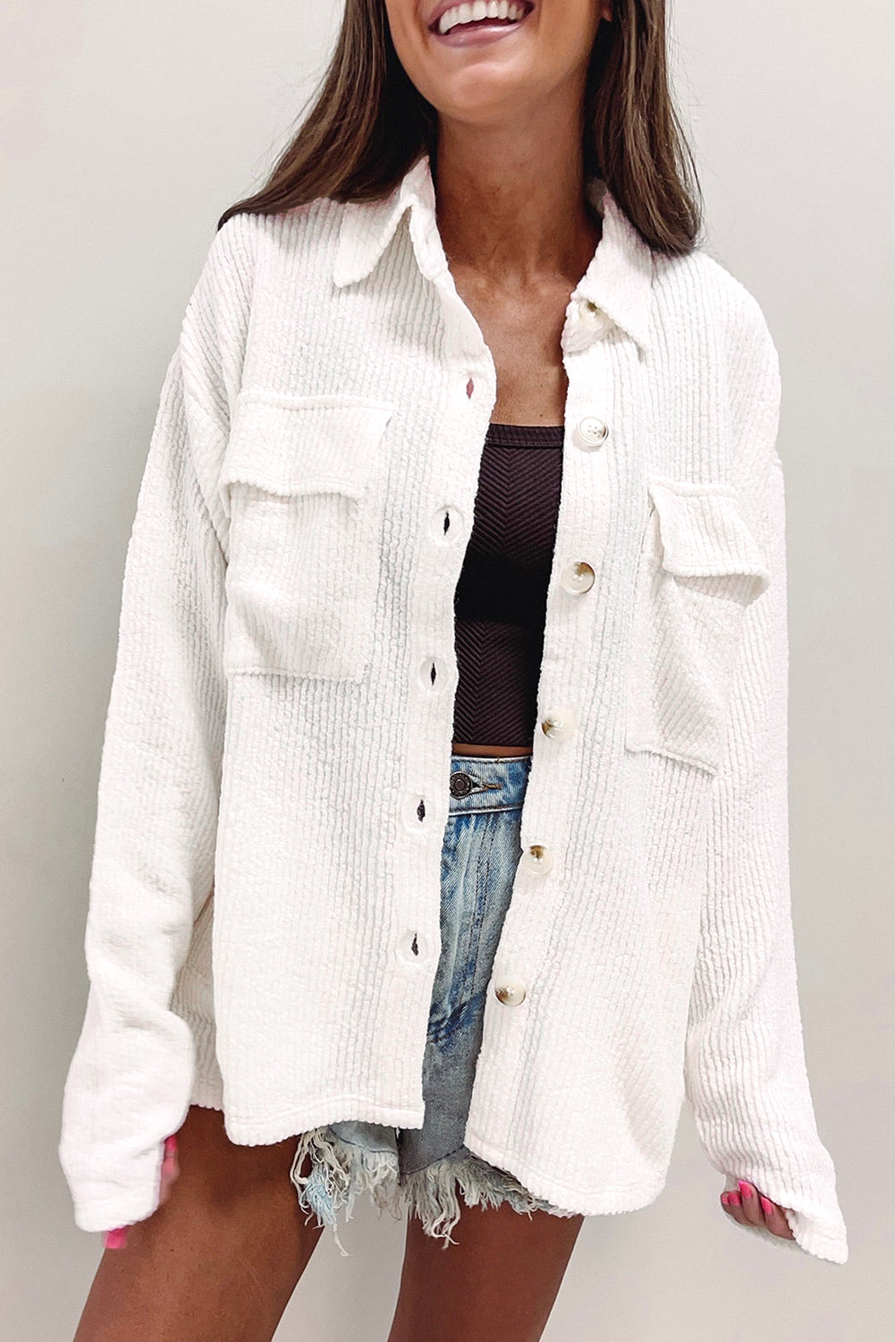 White Solid Color Corduroy Buttoned Long Sleeve Jacket