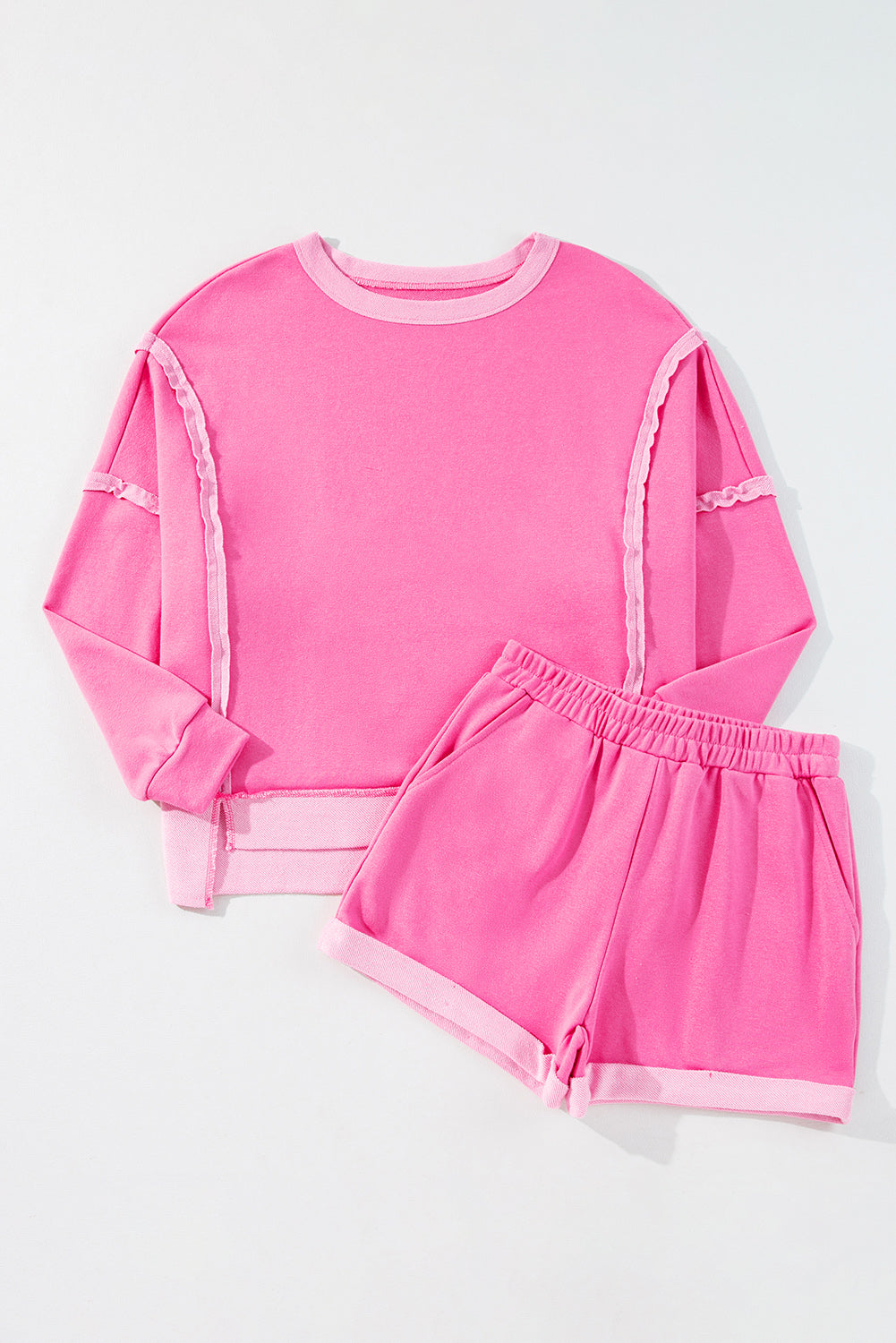 Sachet Pink High Low Patchwork Long Sleeve Top and Shorts Set