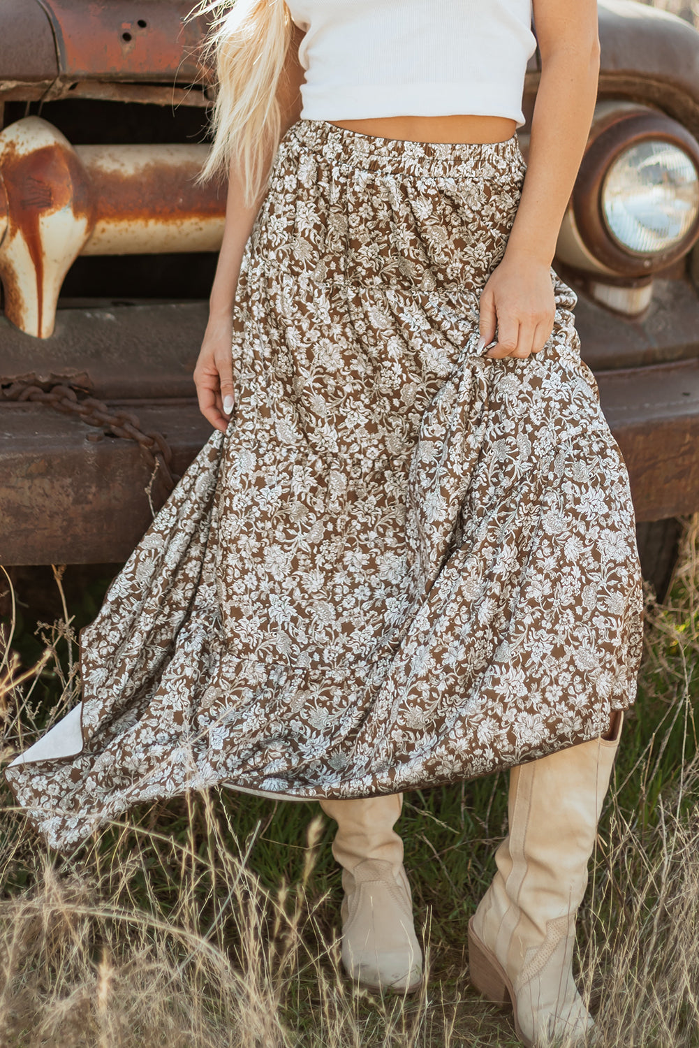 Brown Western Floral Print Maxi Skirt